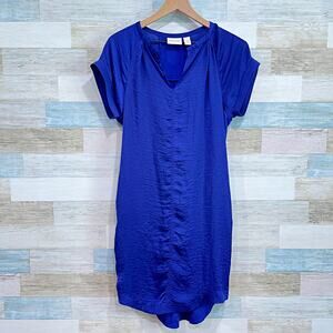 Chicos Satin Mixed Media Popover Dress Blue Short Sleeve V Neck Womens Small 0